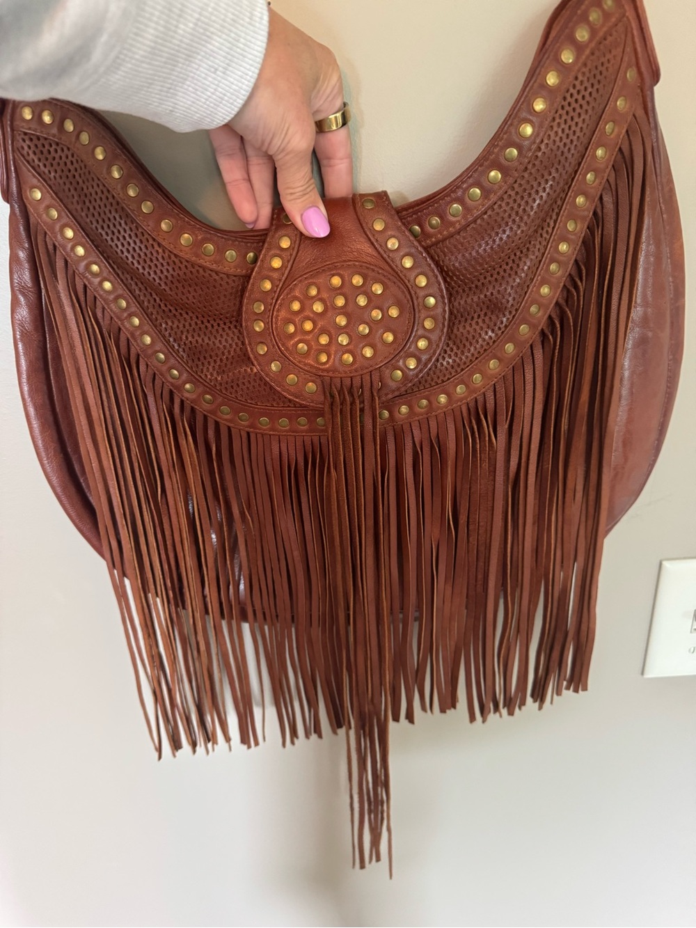 Scully Brown Leather Fringe Hobo with Gold Studs -genuine leather - NEVER USED